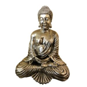 Statue Bouddha H 45 cm, résine argentée