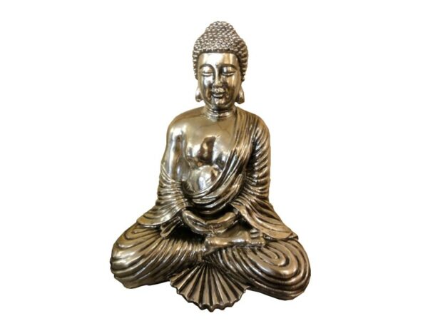 Statue Bouddha H 45 cm, résine argentée