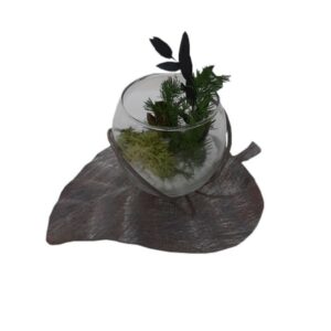 Vase boule Feuille n2 métal, sable et sa déco stabilisée, Design Nature H 7 cm