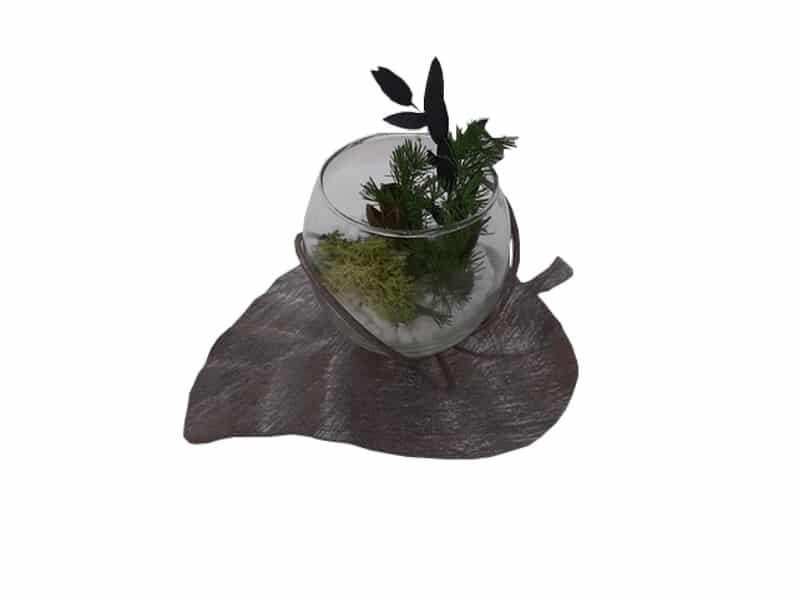 Leaf ball vase n2 metal, sand and its stabilized decoration, Design Nature H 7 cm Vase boule feuille déco originale - Vase feuille décoratif - Ornement décoratif fleurs - Déco fleurie - Objet décoratif design métal - Déco chic de table - Cadeau invitation
