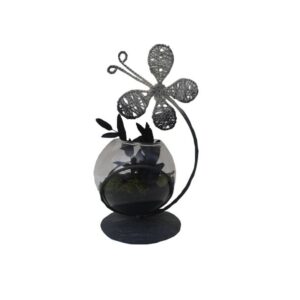 Vase déco Boule verre et Papillon sur socle fer, stabilisées fleurs et sable