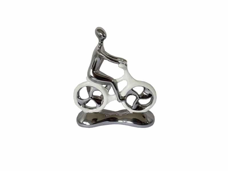 Sculpture Cycliste et vélo H 21 cm, Céramique blanche et miroir métal. Statue Cycliste - Objet décoratif cycliste à vélo - Objet d'art vélo en céramique - Sculpture ornement décoration d'intérieur - Déco Sport - Maison feng shui - Cadeau sportif