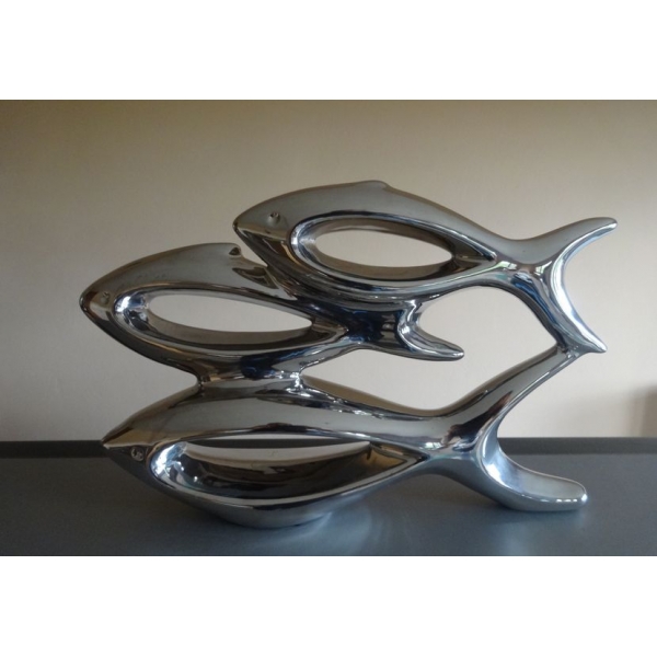 Sculpture Banc de poissons, Céramique argent