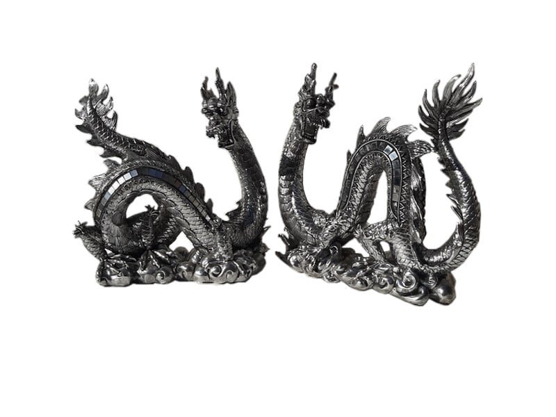 Dragon decorative sculpture 2024 silver resin and mirror Dragon sculpture décorative - Objet d'art en résine argentée - Sculpture ornement - Maison feng shui - Cadeau déco - Déco animale