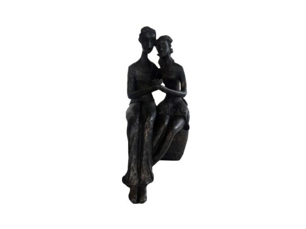 Statue Couple assis et fleurs H 24 cm, Résine bronze