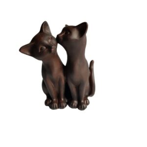 Statue Deux chats assis et bisous, en résine marron