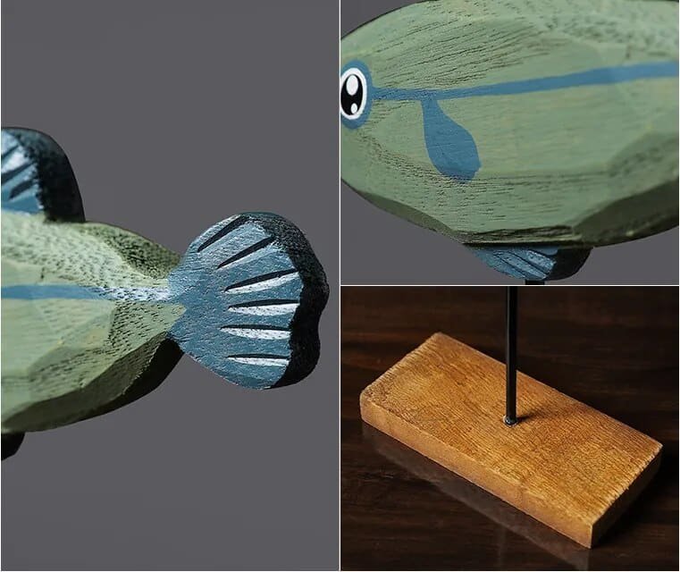 Poisson nordique sculpture bois zoom Sculpture poisson coloré - Poisson décoratif à poser - Objet décoratif bord de mer - Décoration d'intérieur océan - Sculpture ornement intérieur gîte - Déco bois - Déco animale - Maison feng shui - Cadeau déco art