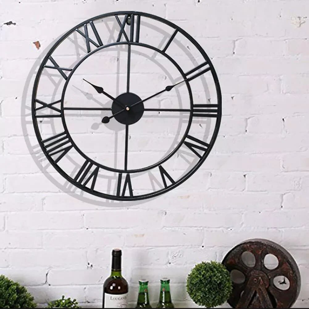 Grande horloge murale noire 3D modernes chiffres romains rond silencieux Grande horloge noire murale déco - Horloge moderne chiffres romains - Décoration d'intérieur murale - Déco ornement originale - Cadeau déco - idée cadeau crémaillère
