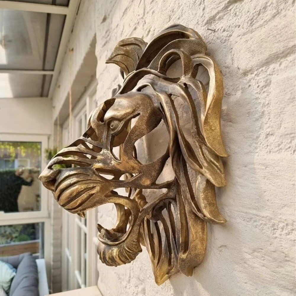 Lion head wall decoration Tête Lion sculpture or - Félin décoratif à accrocher - Objet décoratif chat sauvage - Décoration d'intérieur féline - Sculpture ornement jardin ou intérieur - Déco résine - Déco animale - Jardin feng shui - Cadeau déco art