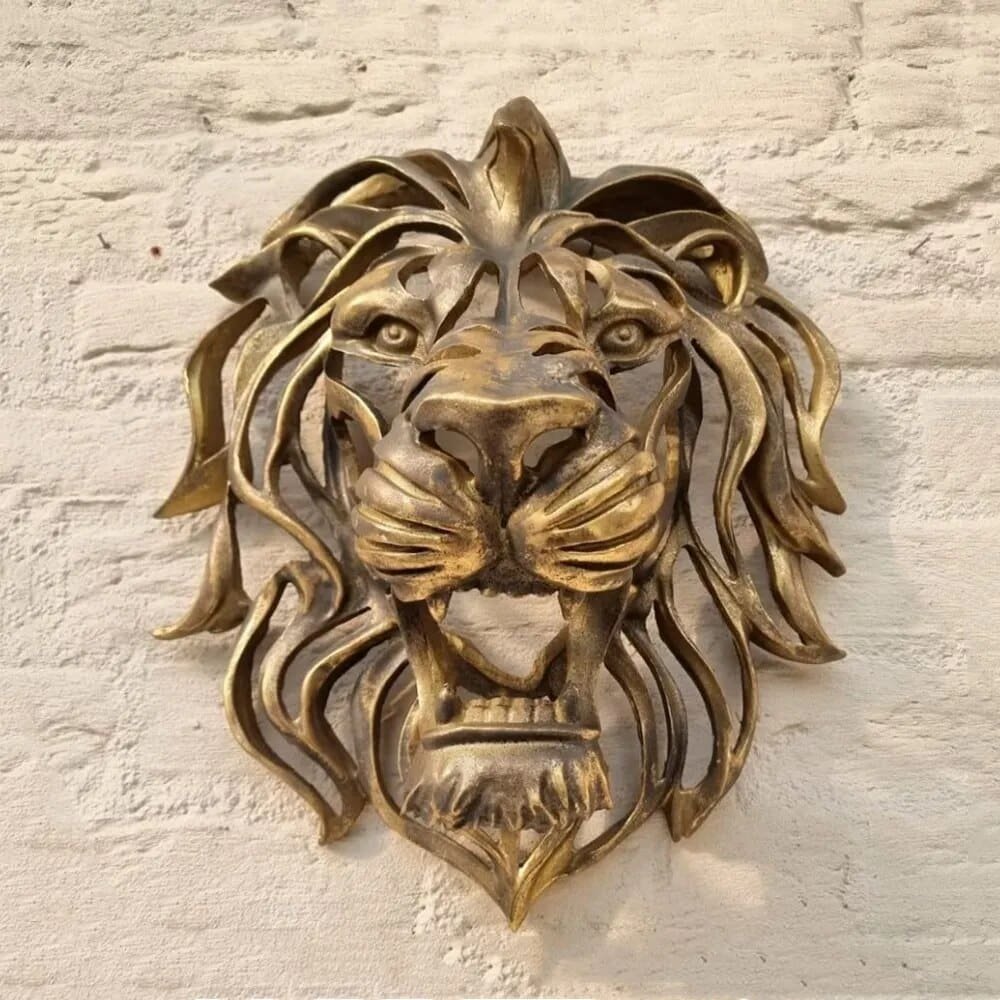 Lion head wall decoration Tête Lion sculpture or - Félin décoratif à accrocher - Objet décoratif chat sauvage - Décoration d'intérieur féline - Sculpture ornement jardin ou intérieur - Déco résine - Déco animale - Jardin feng shui - Cadeau déco art