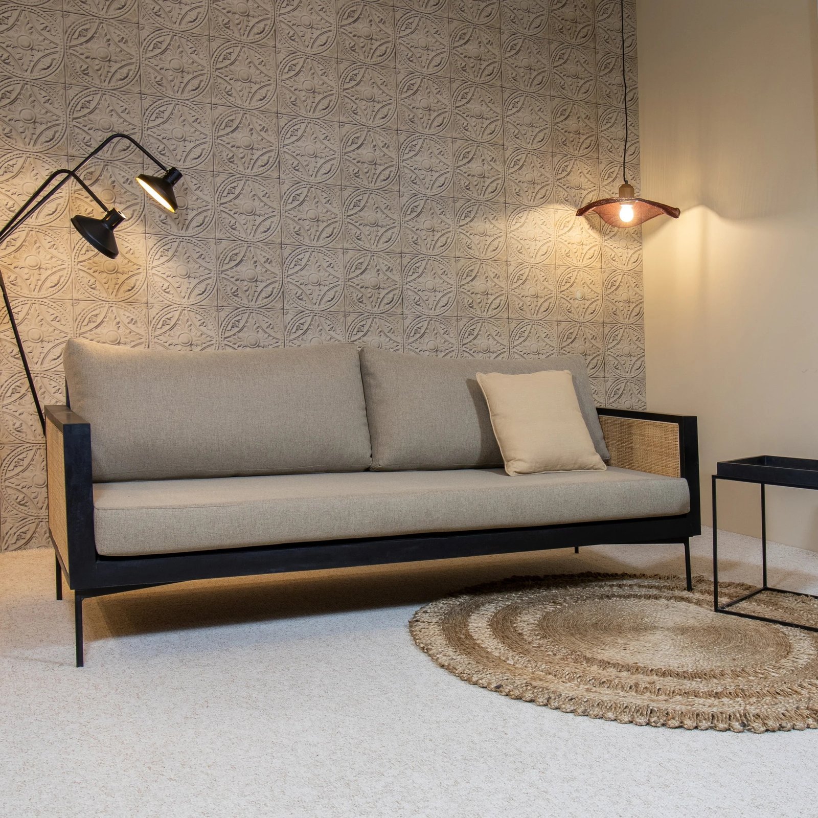 3-seater rattan and mango wood sofa in taupe fabric L 192 cm exotic (2) Canapé 3 places design rotin - Mobilier déco chic et tendance - Mobilier de salon - Meuble d'intérieur assise classique- Décoration d'intérieur - Déco confort- Maison feng shui - Cadeau crémaillère