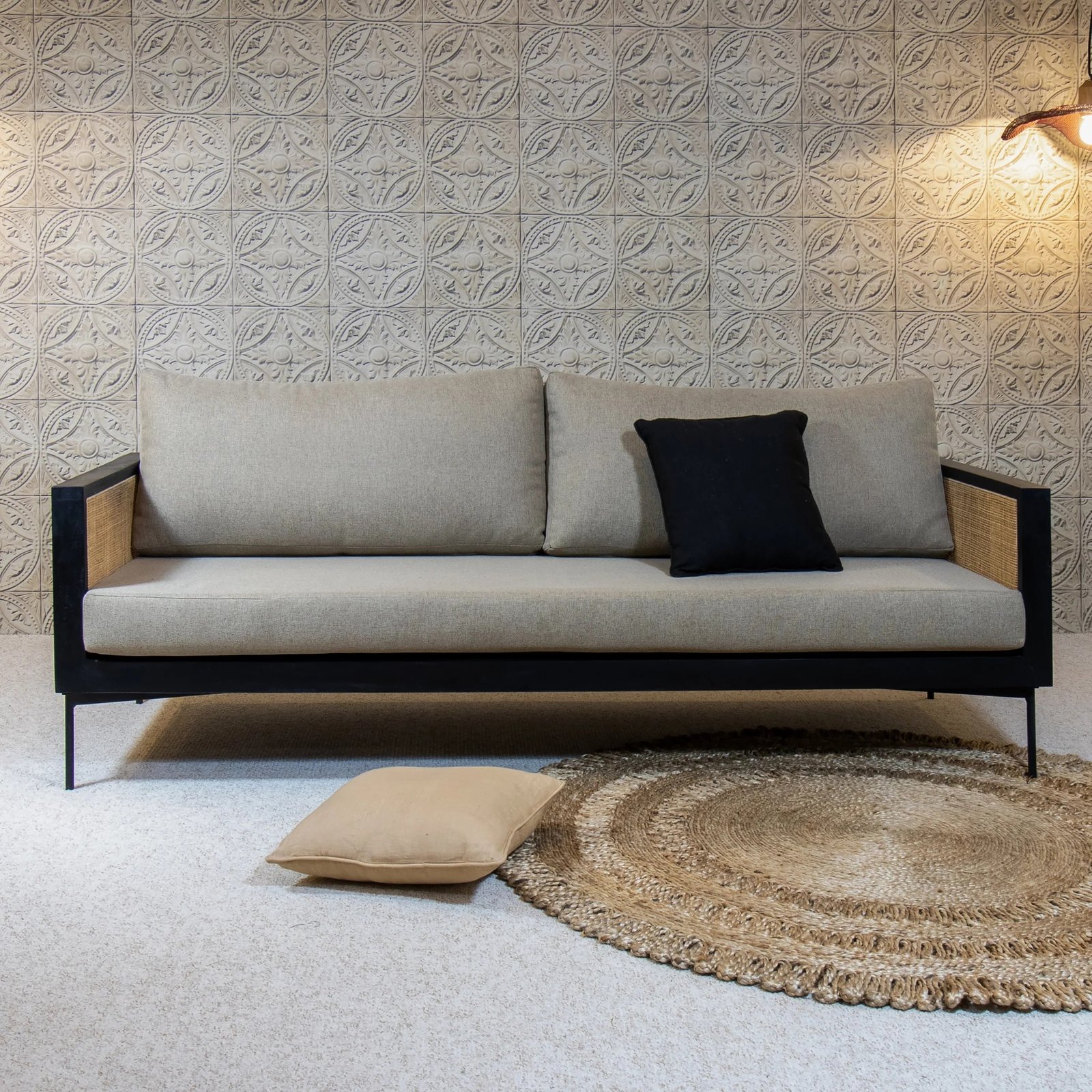 3-seater rattan and mango wood sofa in taupe fabric L 192 cm exotic (4) Canapé 3 places design rotin - Mobilier déco chic et tendance - Mobilier de salon - Meuble d'intérieur assise classique- Décoration d'intérieur - Déco confort- Maison feng shui - Cadeau crémaillère