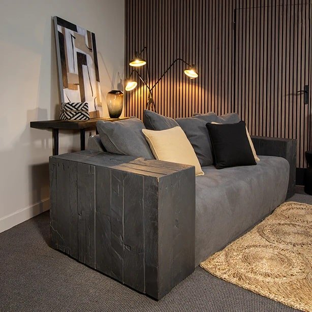 Straight sofa in black recycled wood, anthracite fabric L 220 cm (2) Canapé 3 places design anthracite - Mobilier déco chic et tendance - Mobilier de salon - Meuble d'intérieur assise classique- Décoration d'intérieur - Déco confort- Maison feng shui - Cadeau crémaillère