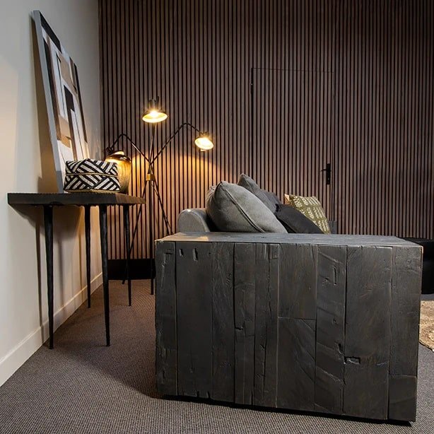 Straight sofa in black recycled wood, anthracite fabric L 220 cm (3) Canapé 3 places design anthracite - Mobilier déco chic et tendance - Mobilier de salon - Meuble d'intérieur assise classique- Décoration d'intérieur - Déco confort- Maison feng shui - Cadeau crémaillère