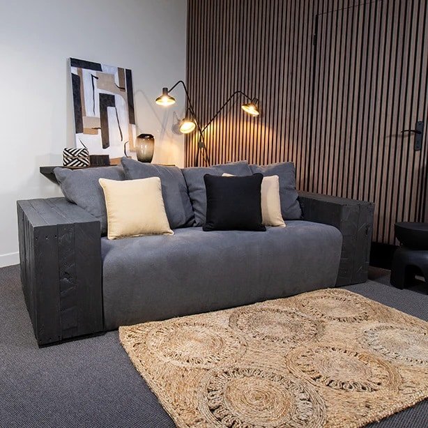 Straight sofa in black recycled wood, anthracite fabric L 220 cm (5) Canapé 3 places design anthracite - Mobilier déco chic et tendance - Mobilier de salon - Meuble d'intérieur assise classique- Décoration d'intérieur - Déco confort- Maison feng shui - Cadeau crémaillère