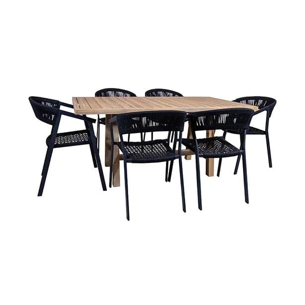 Garden table and 6 aluminum and wood armchairs Meuble table jardin bois - Mobilier de salon de jardin et 6 Fauteuils Métal - Meuble terrasse - Assise ficelles noires - Mobilier décoratif confort - Décoration d'extérieur - Déco détente
