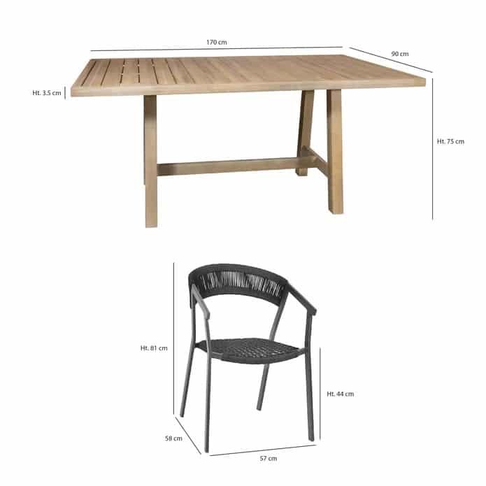 Saowel garden table and 6 aluminum and wood armchairs (7) Meuble table jardin bois - Mobilier de salon de jardin et 6 Fauteuils Métal - Meuble terrasse - Assise ficelles noires - Mobilier décoratif confort - Décoration d'extérieur - Déco détente