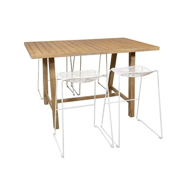 Acacia wood high table and 4 white metal stools Table haute bois acacia et 4 tabourets métal blanc