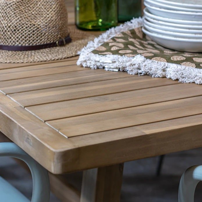 Saoaus high table in acacia wood and 4 white metal stools (5)