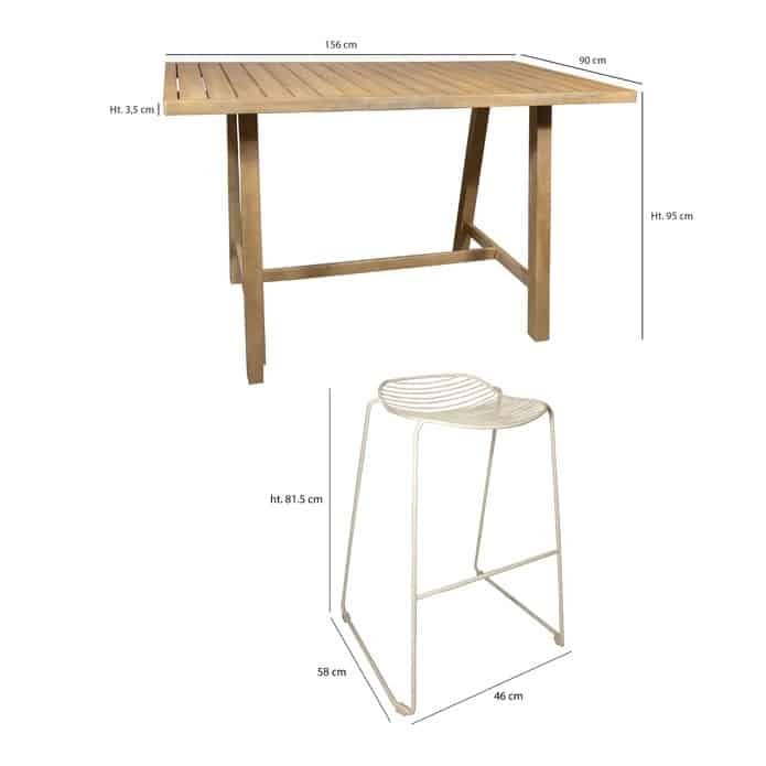 Saoaus high table in acacia wood and 4 white metal stools (6)