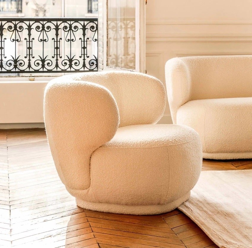 Fauteuil blanc arrondi bouclettes cosy cocon doux, Bois et 7 couleurs Fauteuil cocon tissu bouclettes - Mobilier de salon - Meuble Vintage arrondi - Assise tissu design blanc - Mobilier décoratif confort - Décoration d'intérieur - Déco détente