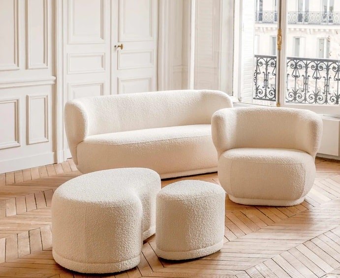 Fauteuil tissu blanc arrondi bouclettes cosy cocon doux, Ambiance Fauteuil cocon tissu bouclettes - Mobilier de salon - Meuble Vintage - Assise tissu design beige et doux - Mobilier décoratif confort - Décoration d'intérieur - Déco détente