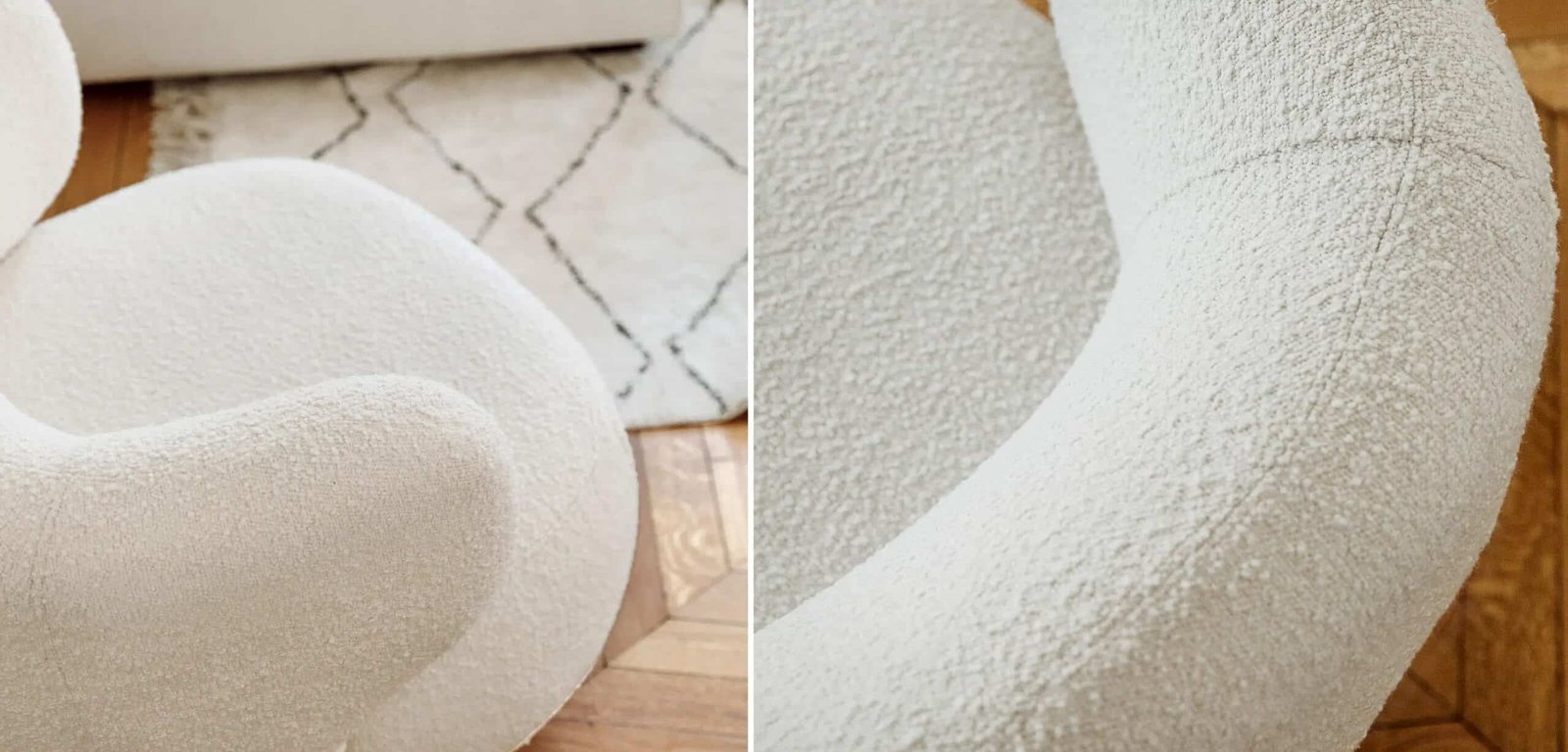 Fauteuil tissu blanc arrondi bouclettes cosy cocon doux, zoom Fauteuil cocon tissu bouclettes - Mobilier de salon - Meuble Vintage - Assise tissu design blanc - Mobilier décoratif confort - Décoration d'intérieur - Déco détente