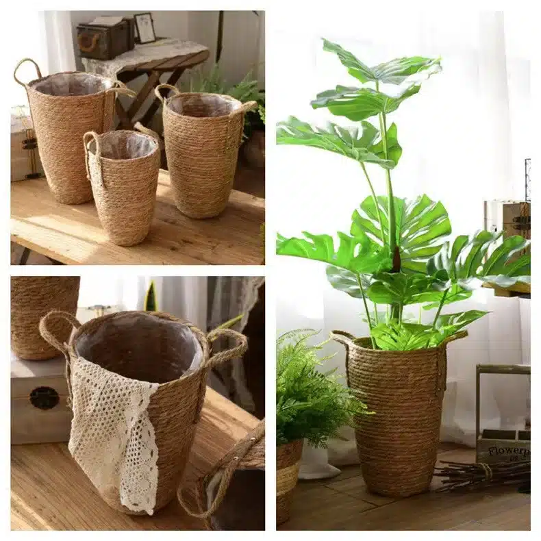 Panier de jardinière Rond Rotin naturel Panier de jardinière et poignées - Déco cache-pots pour vase et pots - Rotin naturel - Décoration d'intérieur - Déco de salon
