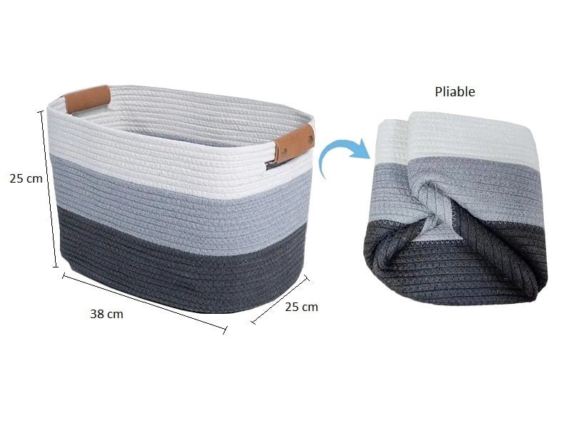 Grand panier ovale de rangement Panier de linge ovale et poignées - Déco Mir de rangement - Coton blanc et gris - Décoratif confort - Décoration d'intérieur - Déco objets