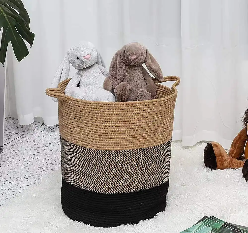 Panier à linge coton avec poignée Panier de linge rond et poignées - Déco Mir rangement - Coton motifs, noir et naturel - Décoratif confort - Décoration d'intérieur - Déco objets