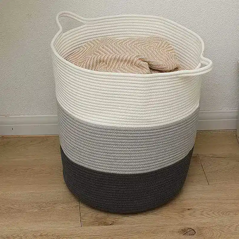 Panier à linge coton avec poignée Panier de linge rond et poignées - Déco Mir rangement - Coton blanc, gris et noir - Décoratif confort - Décoration d'intérieur - Déco objets