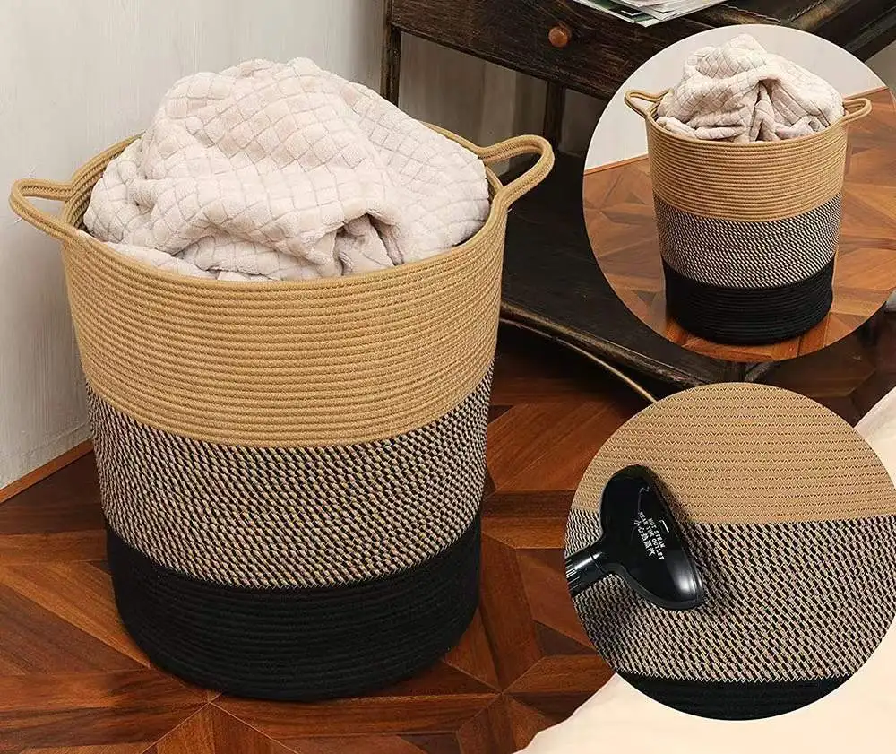 Panier à linge coton avec poignée Panier de linge rond et poignées - Déco Mir rangement - Coton motifs, noir et naturel - Décoratif confort - Décoration d'intérieur - Déco objets