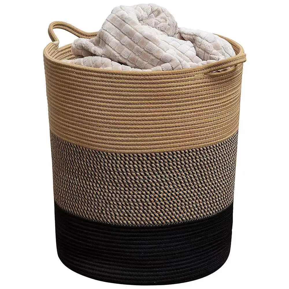 Panier à linge coton avec poignée Panier de linge rond et poignées - Déco Mir rangement - Coton motifs, noir et naturel - Décoratif confort - Décoration d'intérieur - Déco objets