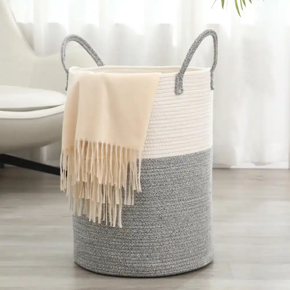 Grande Mir de rangement ronde blanche et grise Grand Panier de linge rond et poignées - Déco Mir de rangement - Coton blanc et grise - Décoratif confort - Décoration d'intérieur - Déco objets