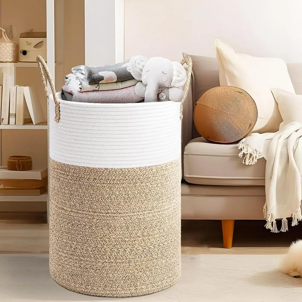 Grande Mir de rangement ronde blanche et naturel Grand Panier de linge rond et poignées - Déco Mir de rangement - Coton blanc et naturel - Décoratif confort - Décoration d'intérieur - Déco objets