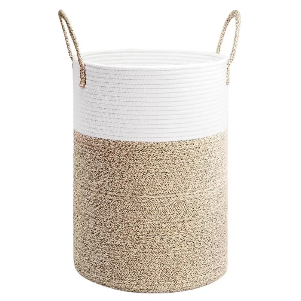 Grande Mir de rangement ronde blanche et naturel Grand Panier de linge rond et poignées - Déco Mir de rangement - Coton blanc et naturel - Décoratif confort - Décoration d'intérieur - Déco objets