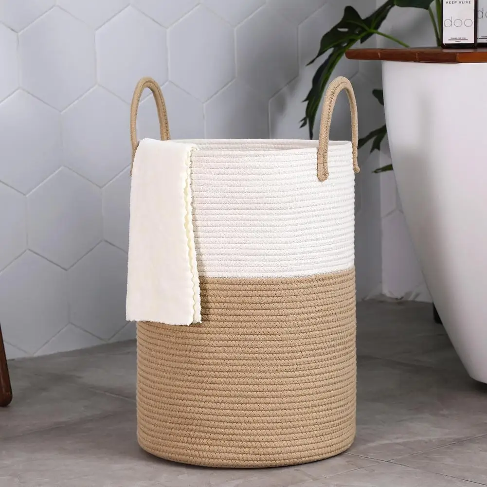 Grande Mir de rangement ronde blanche et naturel Grand Panier de linge rond et poignées - Déco Mir de rangement - Coton blanc et naturel - Décoratif confort - Décoration d'intérieur - Déco objets