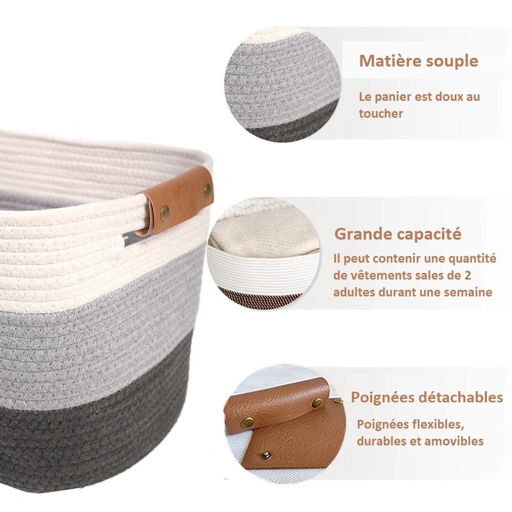 Panier de linge ovale et poignées - Déco Mir rangement - Coton blanc et gris - Décoratif confort - Décoration d'intérieur - Déco objets