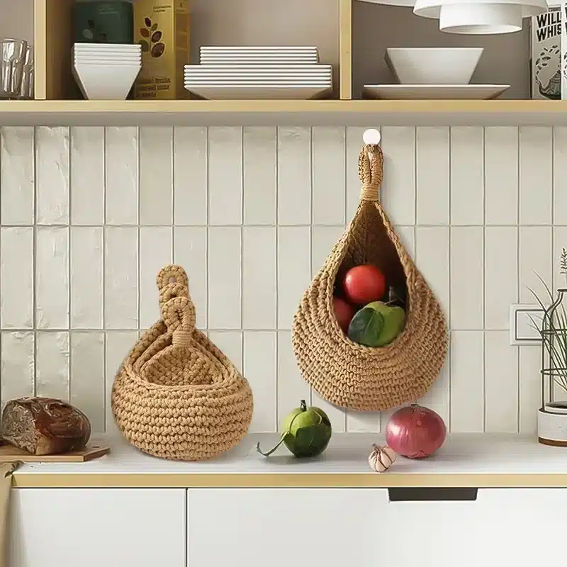 Panier mural façon osier Panier mural de rangement rond et attache - Déco pour cuisine, légumes ou oignons - Osier naturel - Décoration d'intérieur