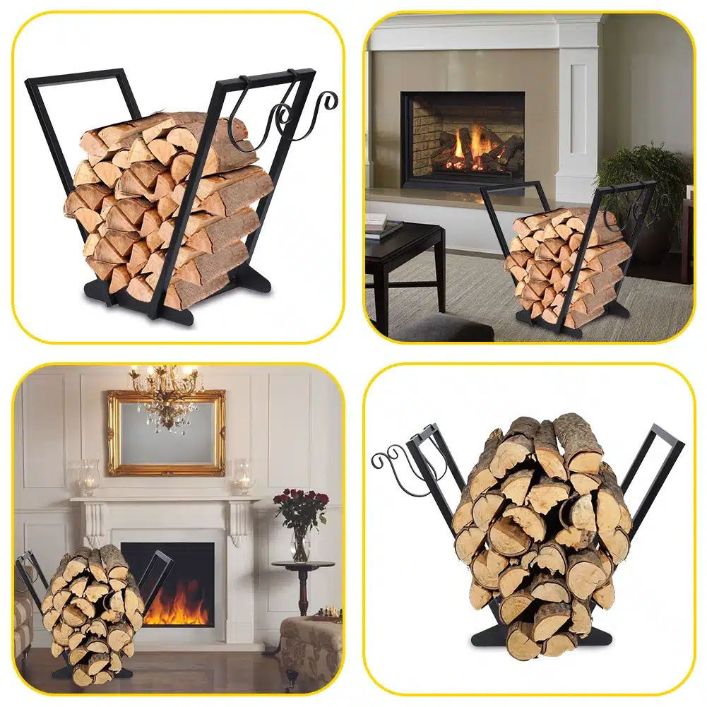 Support de bûches pour cheminée et poêle en V et crochets, Design métal Support bûches en V sculpture design - Porte bûches de chauffage décoratif - Objet décoratif bûches bois - Décoration d'intérieur - Oeuvre d'art en acier - Sculpture ornement - Déco Métal - Maison feng shui - Cadeau déco