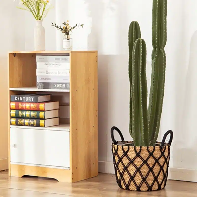 Cache pot rotin rond naturel, motifs ficelle noire