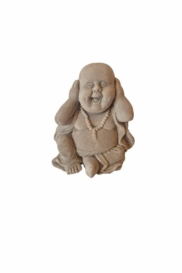 Statue bouddha rieur cache oreilles Statue Bouddha - Objet décoratif - Décoration d'intérieur - Déco Zen - Maison feng shui - Cadeau paix et bonheur - Objet d'art en céramique gris foncé - Sculpture ornement - Maison feng shui - Cadeau déco