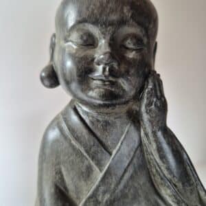 Zoom sur le visage du bouddha. Yeux fermer, main gauche sur la jour et petit sourire. L'oreille droite est apparente avec une grosse boucle d'oreille sphérique.