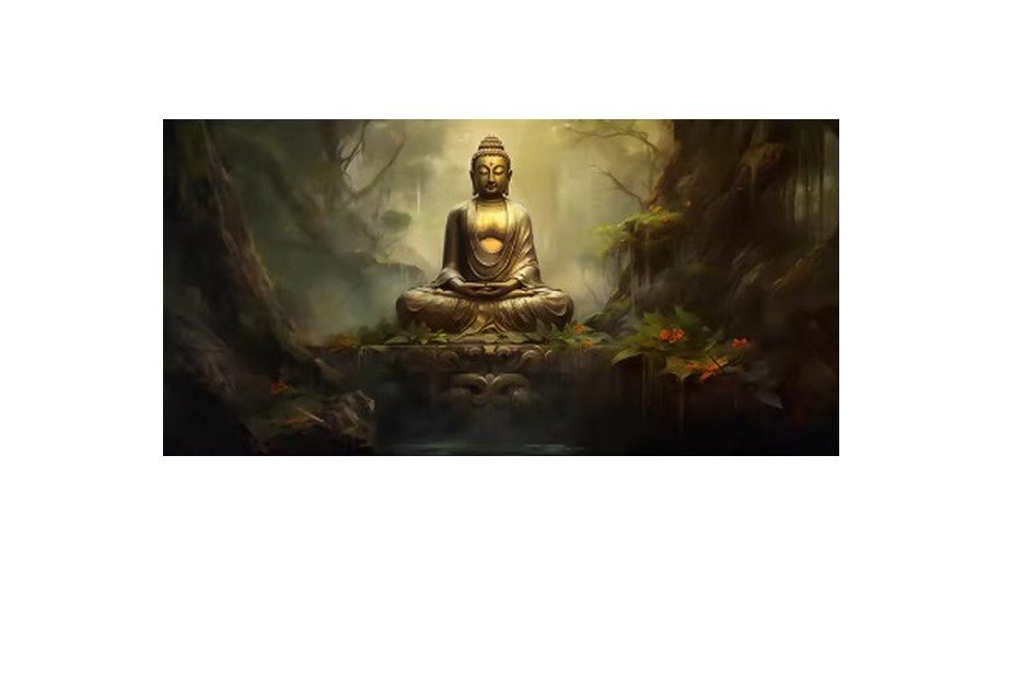 Affiche horizontale Bouddha doré assis dans Nature fond vert Tableau Bouddha - Affiche méditative - Déco murale relaxante - Déco d'intérieur feng shui - Déco zen - Cadeau paix