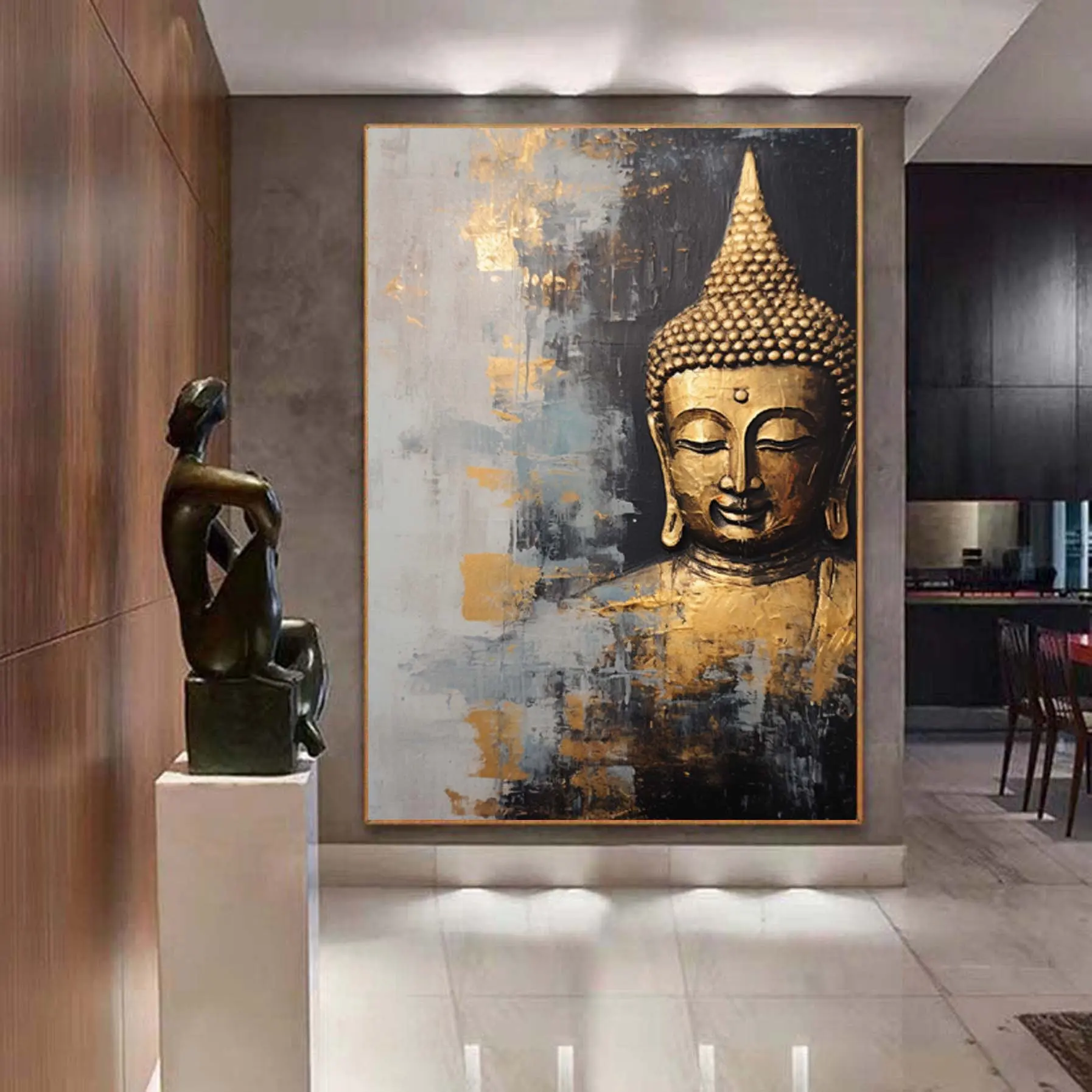 Affiche verticale Bouddha méditant dorée Tableau Bouddha - Affiche méditative - Déco murale relaxante - Déco d'intérieur feng shui - Déco zen - Cadeau paix