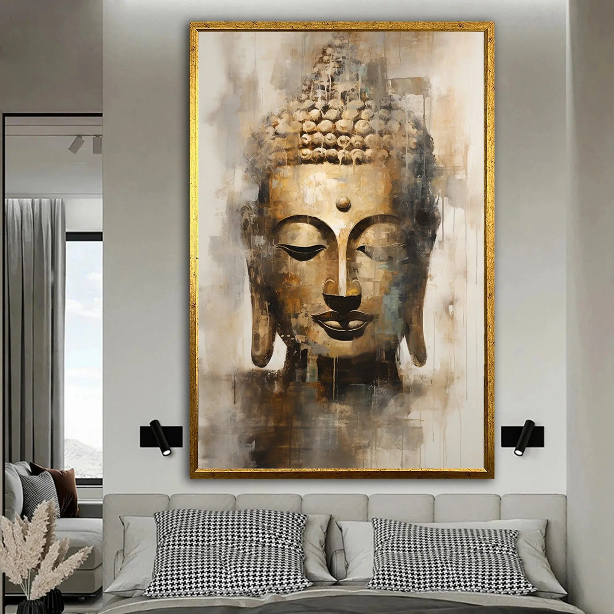 Affiche verticale Bouddha méditant tête dorée Tableau Bouddha - Affiche méditative - Déco murale relaxante - Déco d'intérieur feng shui - Déco zen - Cadeau paix