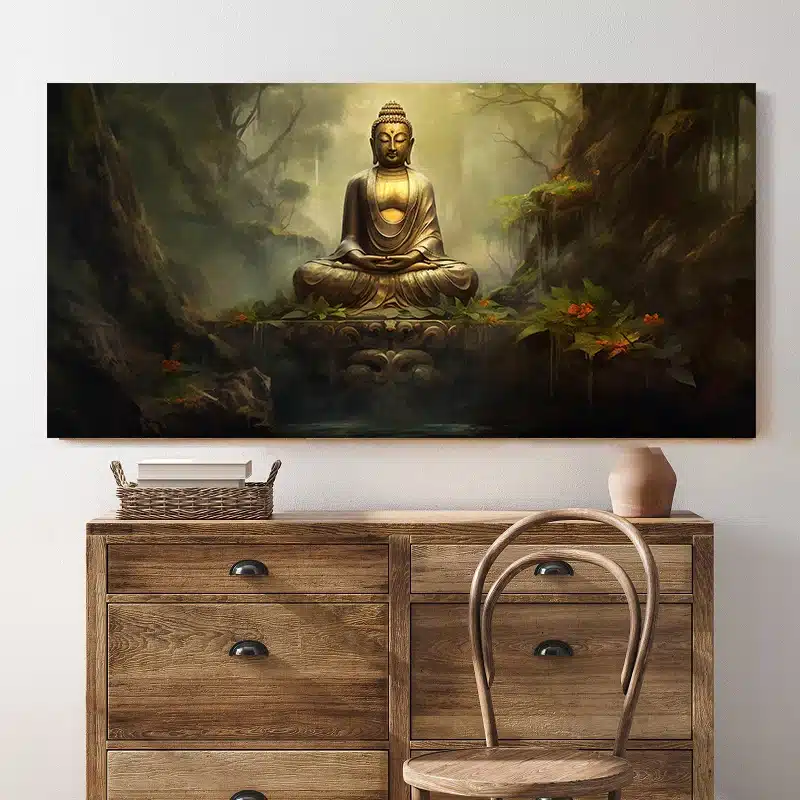 Affiche horizontale Bouddha doré assis dans Nature fond vert Tableau Bouddha - Affiche méditative - Déco murale relaxante - Déco d'intérieur feng shui - Déco zen - Cadeau paix
