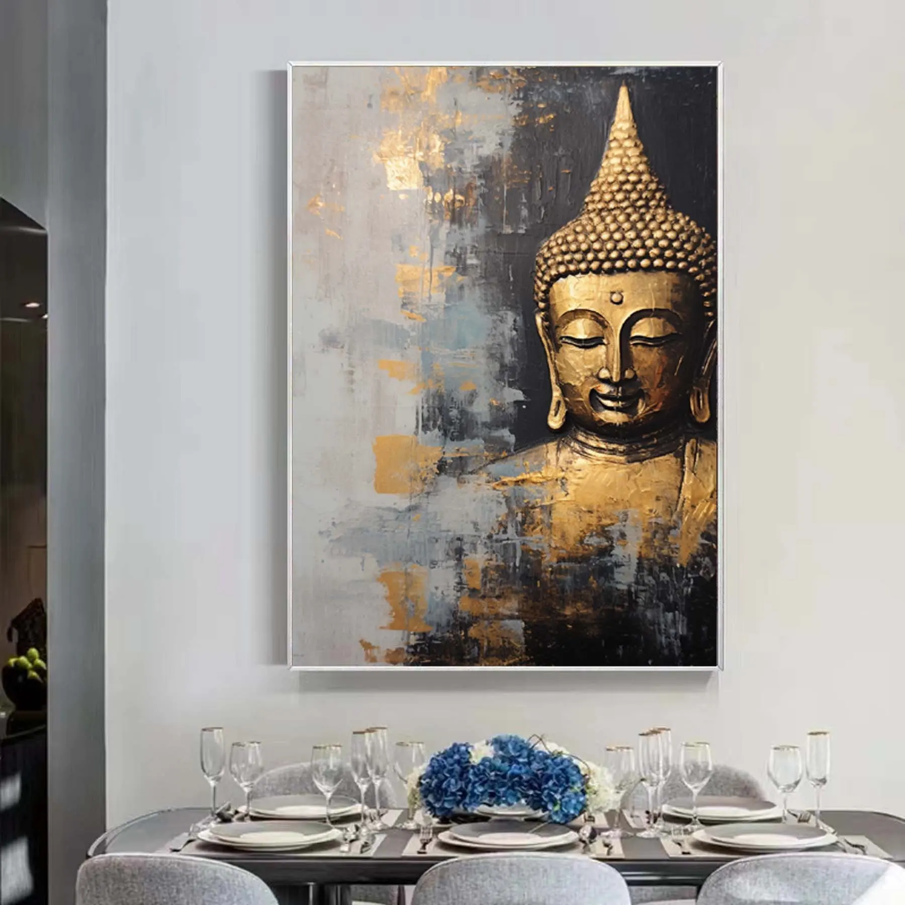 Affiche verticale Bouddha méditant dorée Tableau Bouddha - Affiche méditative - Déco murale relaxante - Déco d'intérieur feng shui - Déco zen - Cadeau paix