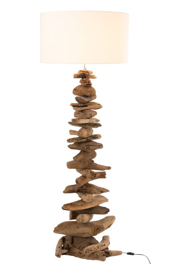 Grande Lampe pied bois flotté et abat jour blanc rond Lampe pied bois naturel - déco nature zen - Lampe de salon design - Lampe Bois équilibre sculpture irrégulier - Lampe pied tronc arbre