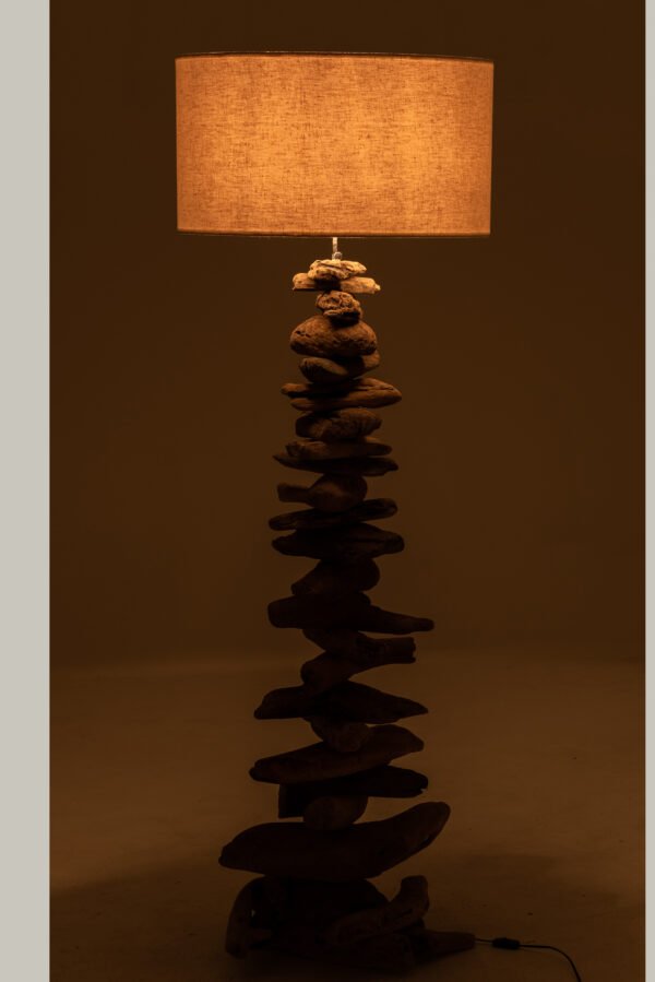 Grande Lampe pied bois flotté et abat jour blanc rond Lampe pied bois naturel - déco nature zen - Lampe de salon design - Lampe Bois équilibre sculpture irrégulier - Lampe pied tronc arbre